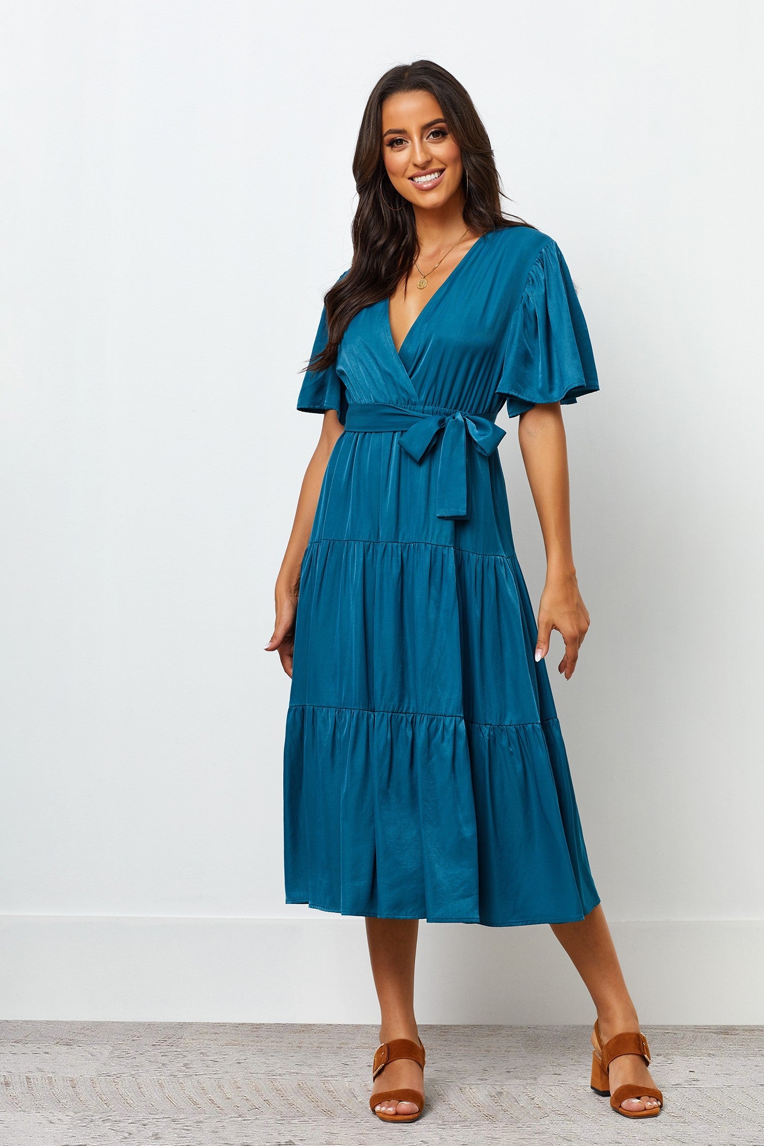 Stylish Blue Rayon V Neck Dress with Flutter Sleeves - Solid Design