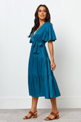 Stylish Blue Rayon V Neck Dress with Flutter Sleeves - Solid Design