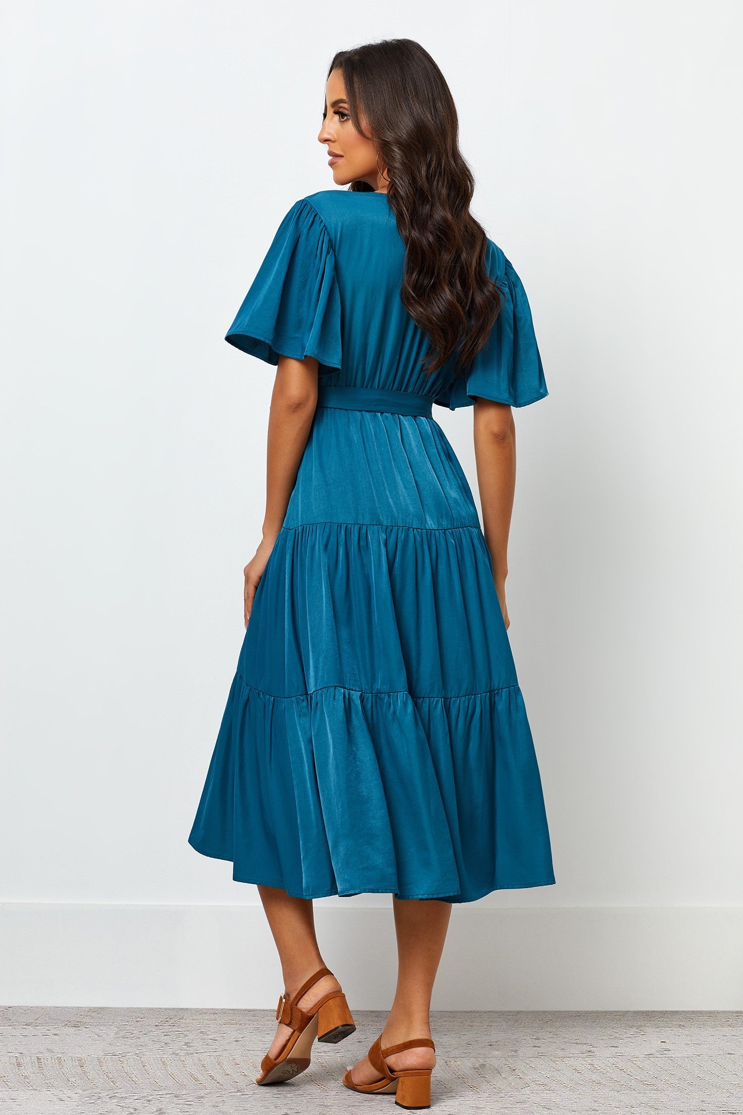 Stylish Blue Rayon V Neck Dress with Flutter Sleeves - Solid Design