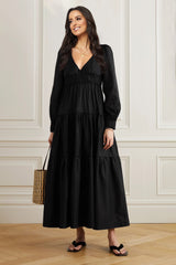 Chic Black Cotton Dress with Solid Bishop Sleeves - Perfect for Any Occasion