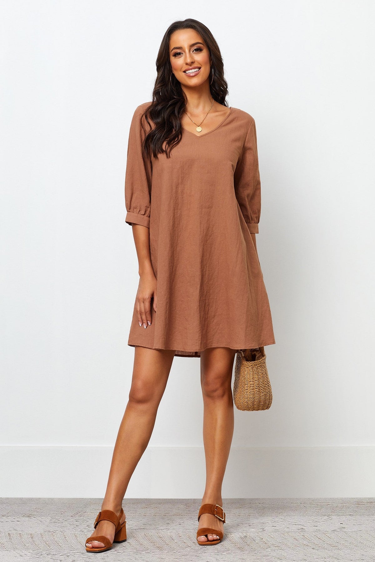 Stylish Brown Cotton V Neck Dress with Puff Sleeves - Solid Design