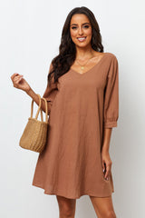 Stylish Brown Cotton V Neck Dress with Puff Sleeves - Solid Design