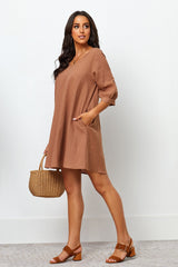 Stylish Brown Cotton V Neck Dress with Puff Sleeves - Solid Design