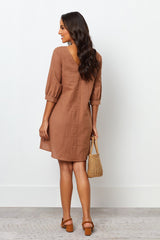 Stylish Brown Cotton V Neck Dress with Puff Sleeves - Solid Design