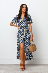 Navy Blue Floral Crepe Dress with Flutter Sleeves and V-Neck for Women