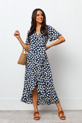 Navy Blue Floral Crepe Dress with Flutter Sleeves and V-Neck for Women