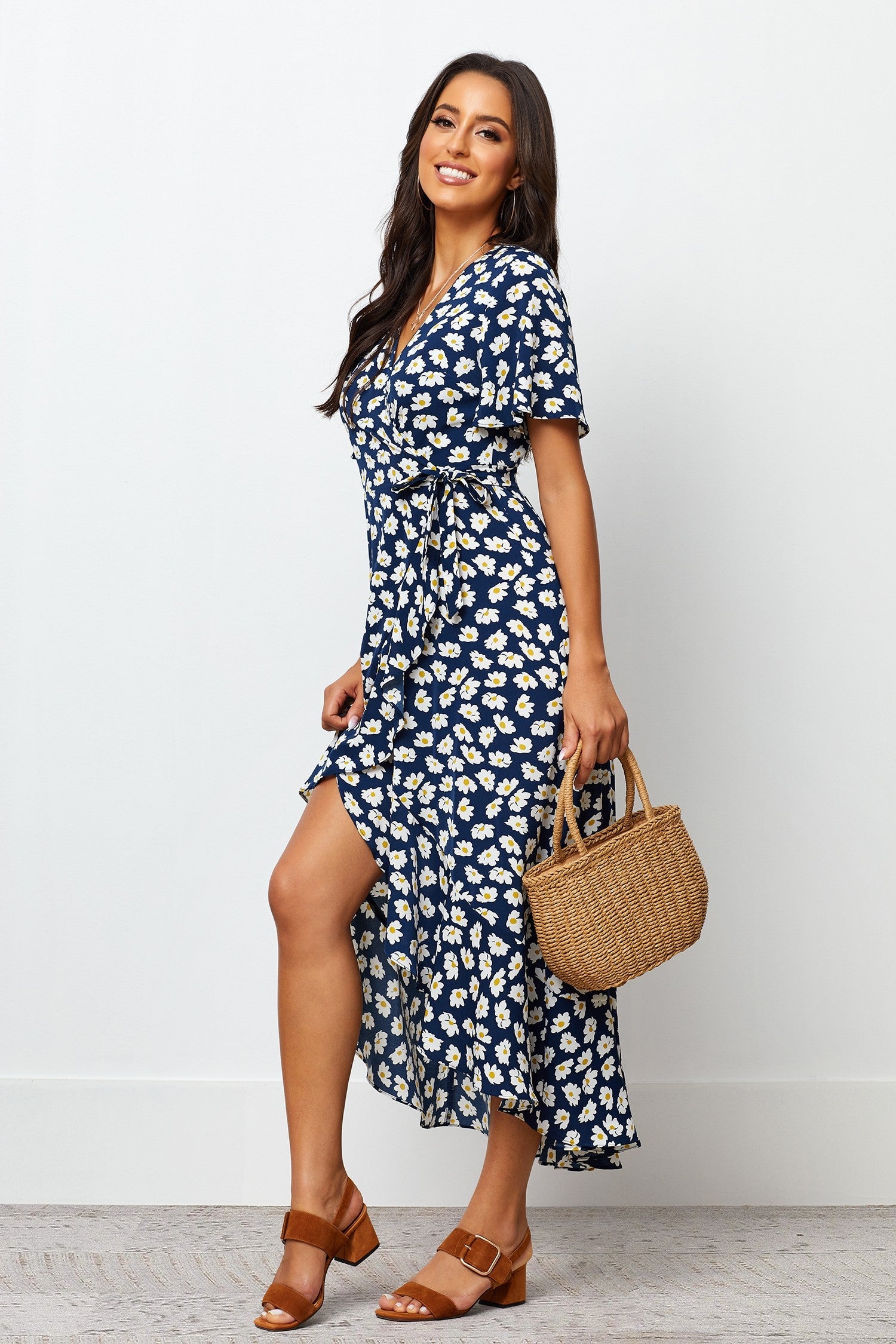 Navy Blue Floral Crepe Dress with Flutter Sleeves and V-Neck for Women