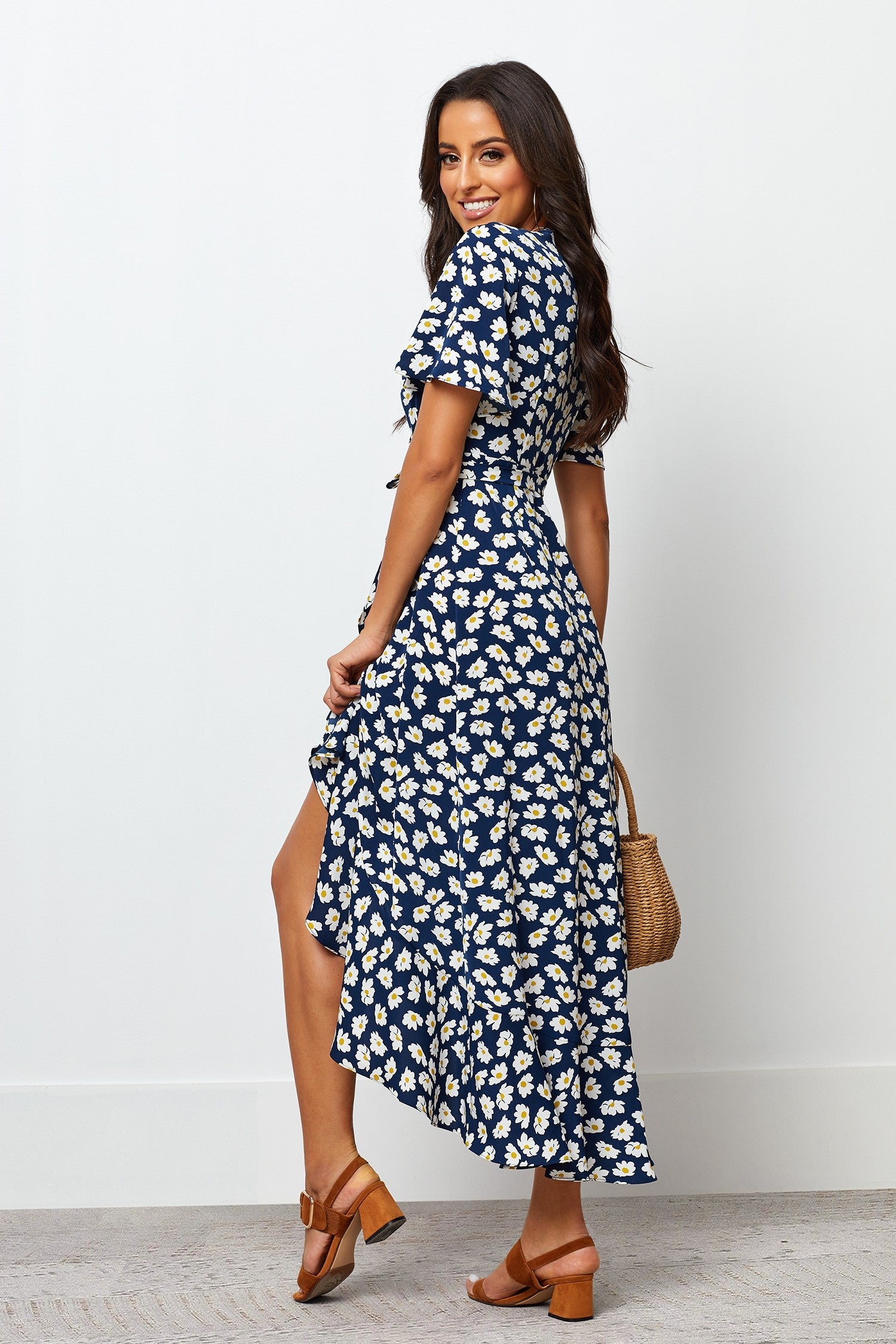 Navy Blue Floral Crepe Dress with Flutter Sleeves and V-Neck for Women