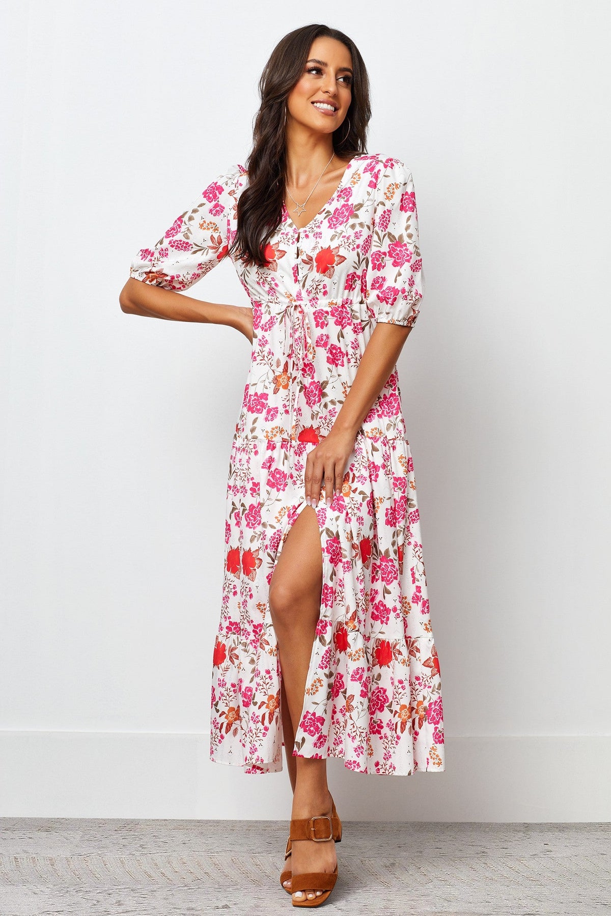 White Crepe Floral Print Puff Sleeve Dress - Stylish & Elegant Women's Fashion