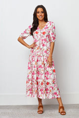 White Crepe Floral Print Puff Sleeve Dress - Stylish & Elegant Women's Fashion