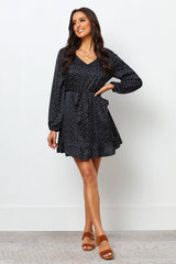 Elegant Black Satin Swiss Dot V Neck Dress with Balloon Sleeves - Shop Now