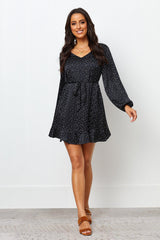 Elegant Black Satin Swiss Dot V Neck Dress with Balloon Sleeves - Shop Now