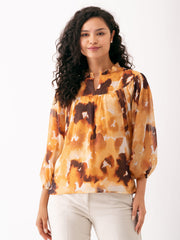 Elegant Brown Chiffon Top with Floral Print and Balloon Sleeves - Versatile Top