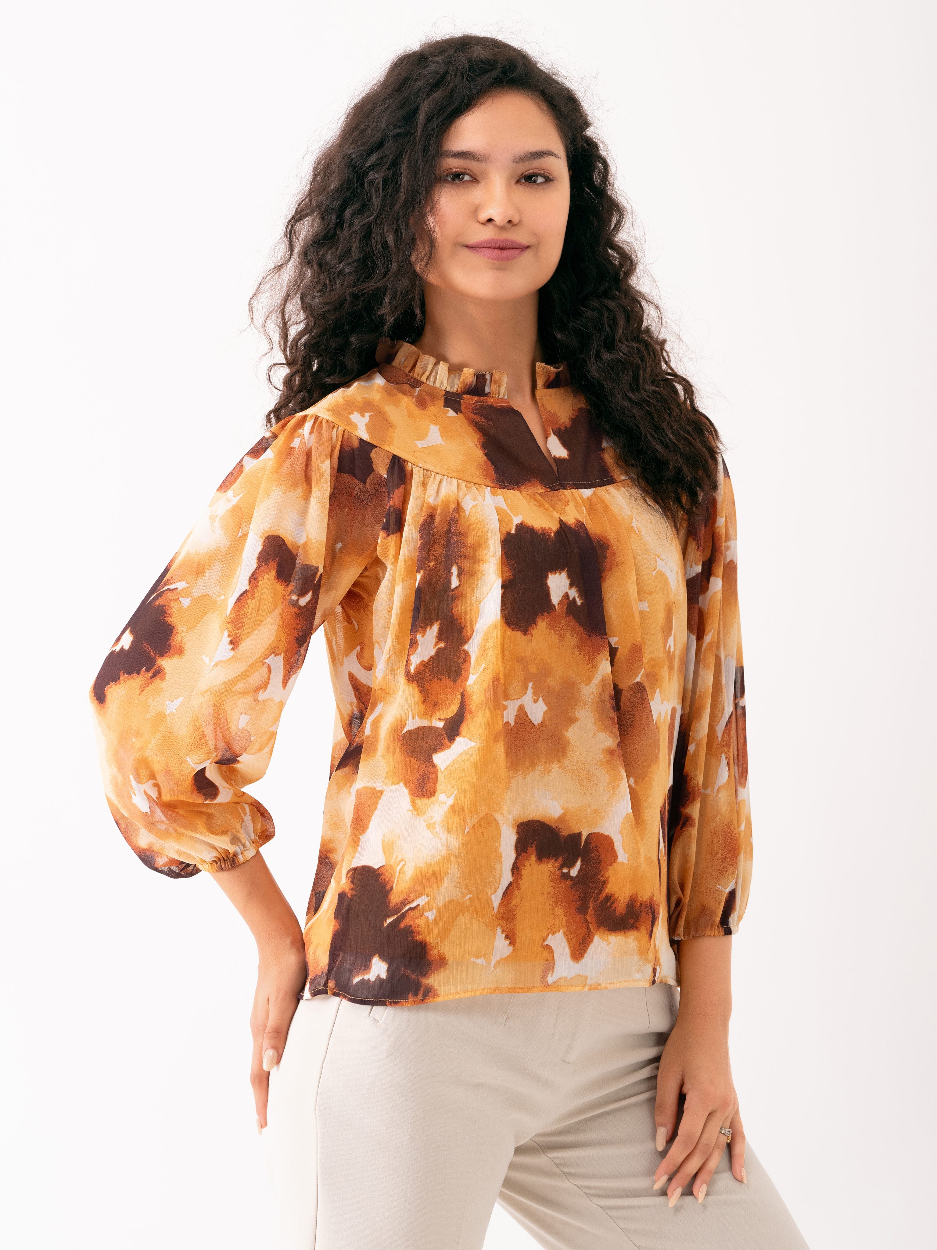 Elegant Brown Chiffon Top with Floral Print and Balloon Sleeves - Versatile Top