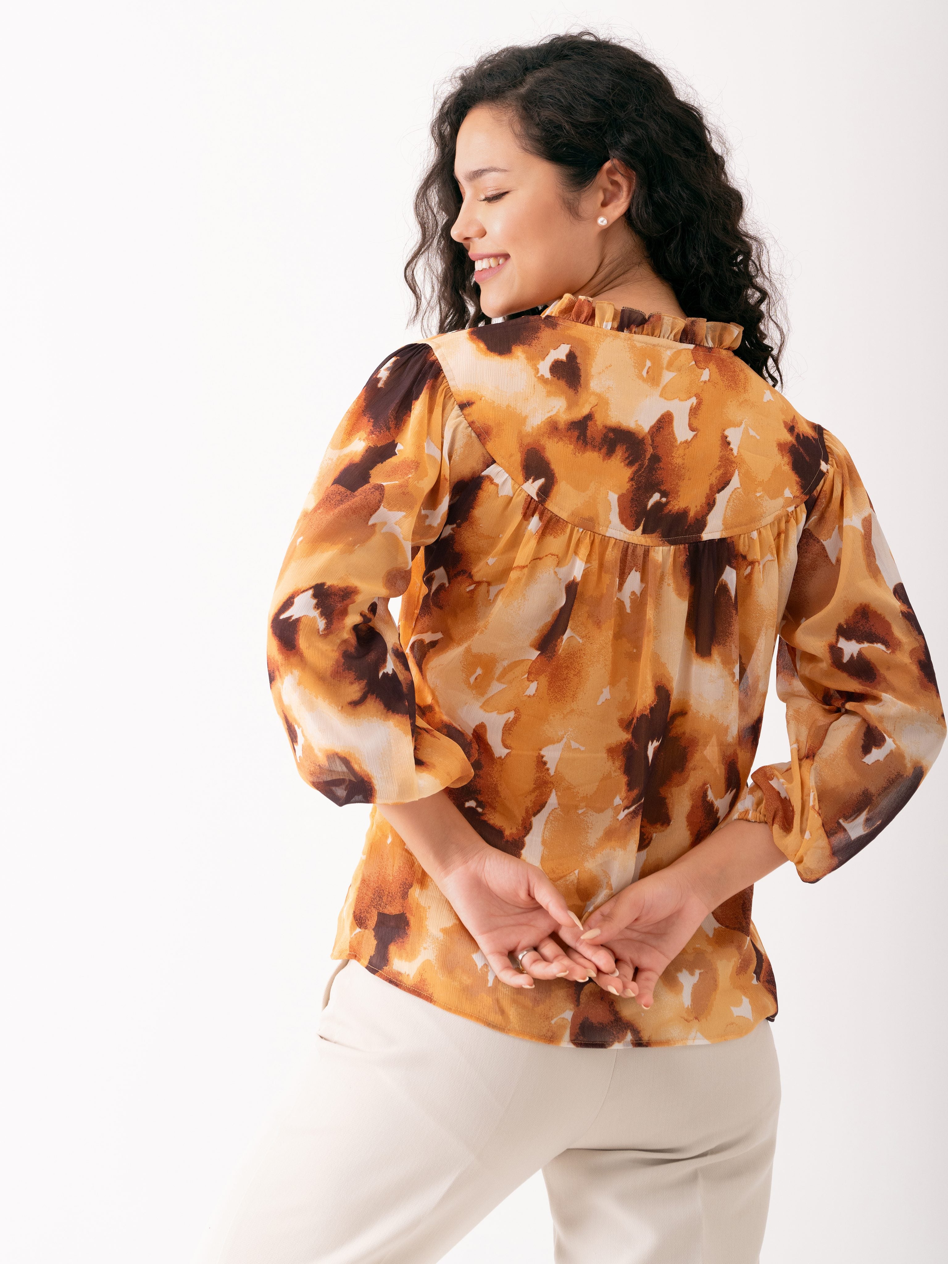 Elegant Brown Chiffon Top with Floral Print and Balloon Sleeves - Versatile Top