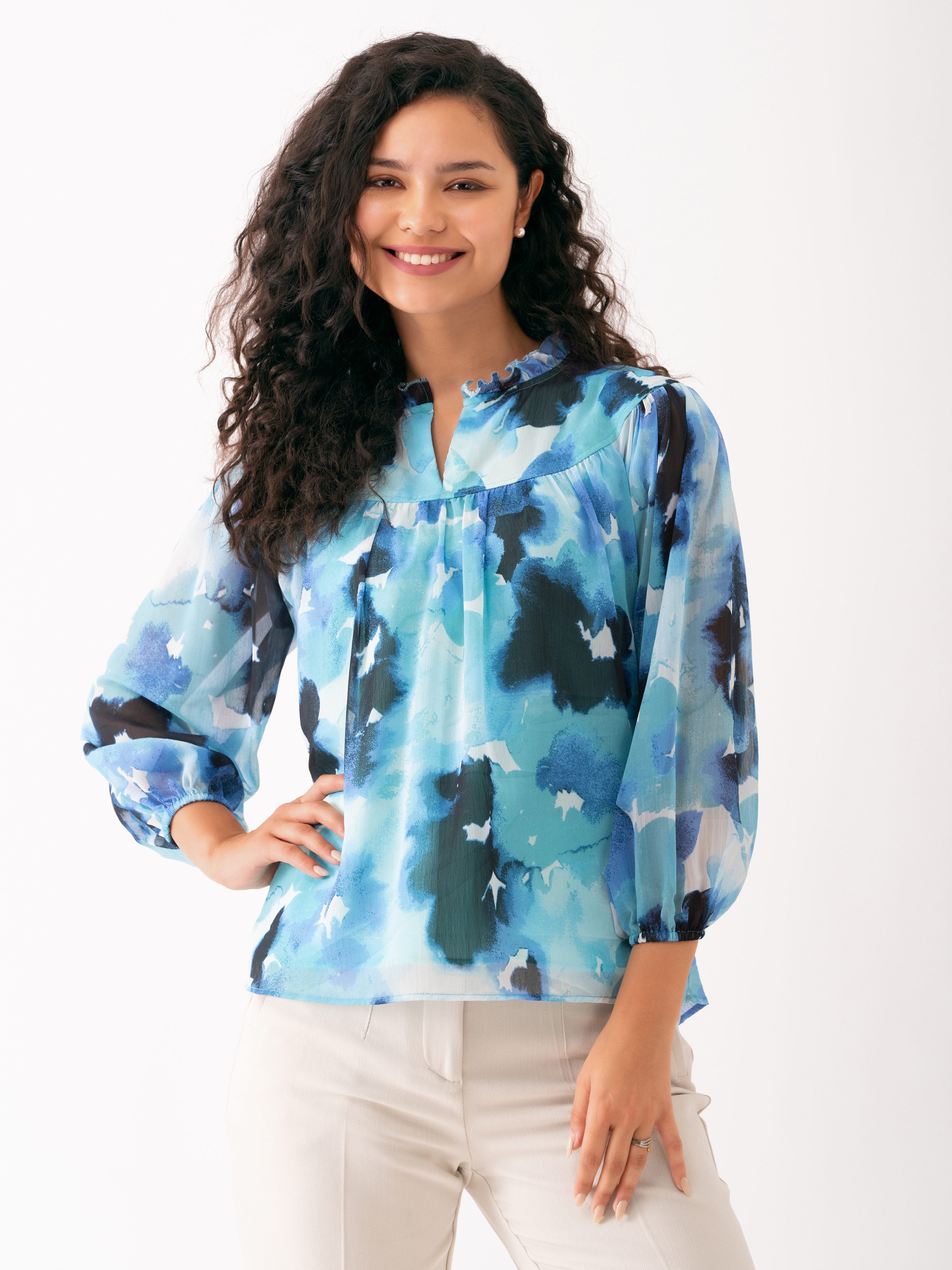 Elegant Brown Chiffon Top with Floral Print and Balloon Sleeves - Versatile Top