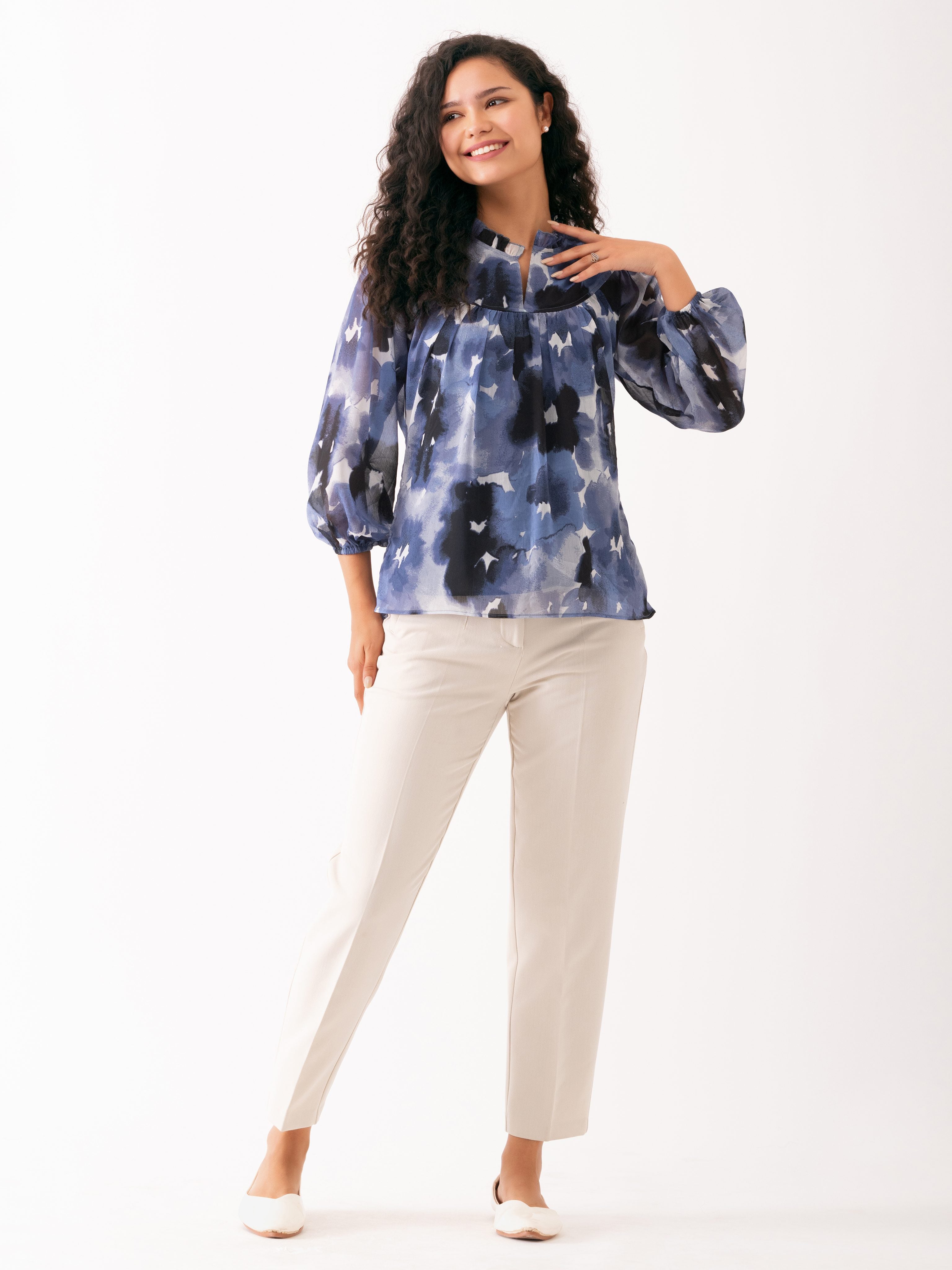 Elegant Brown Chiffon Top with Floral Print and Balloon Sleeves - Versatile Top