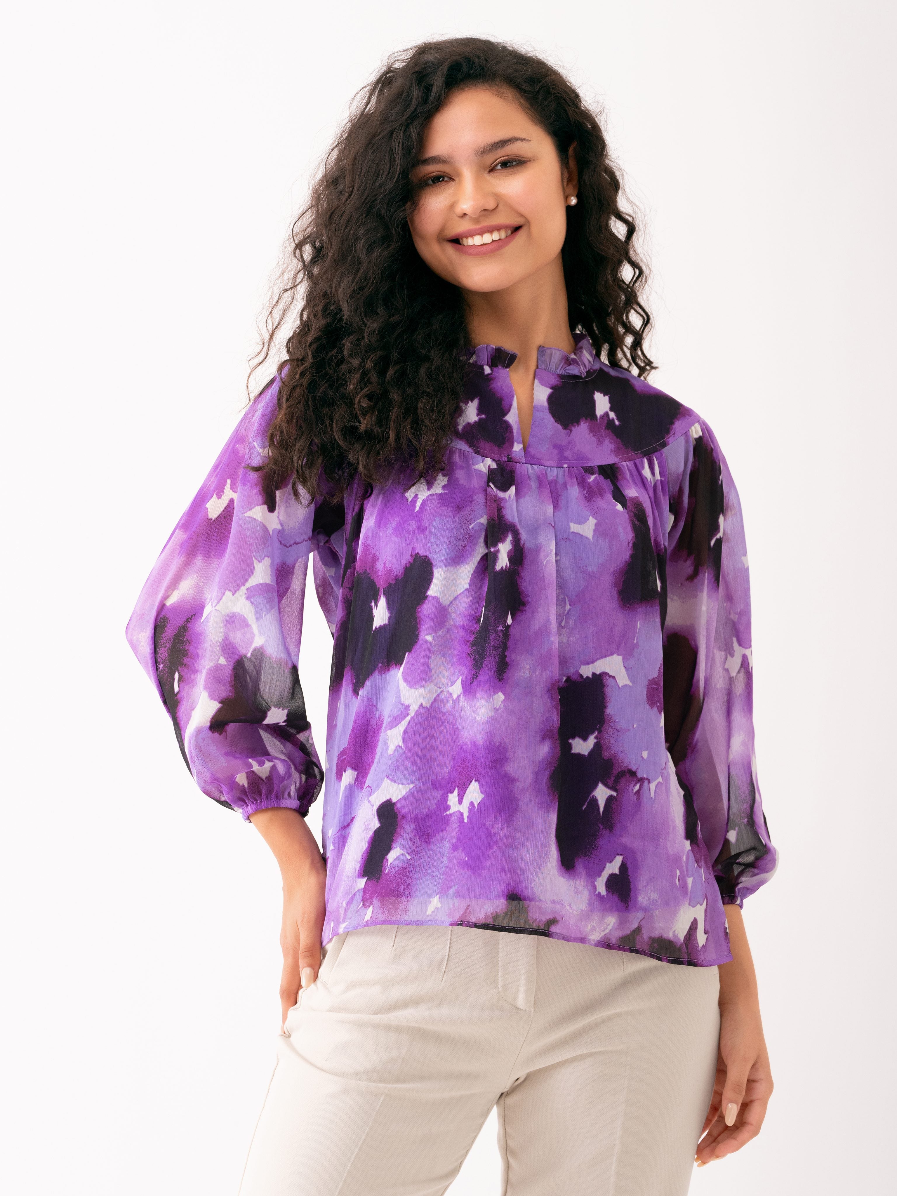 Elegant Brown Chiffon Top with Floral Print and Balloon Sleeves - Versatile Top