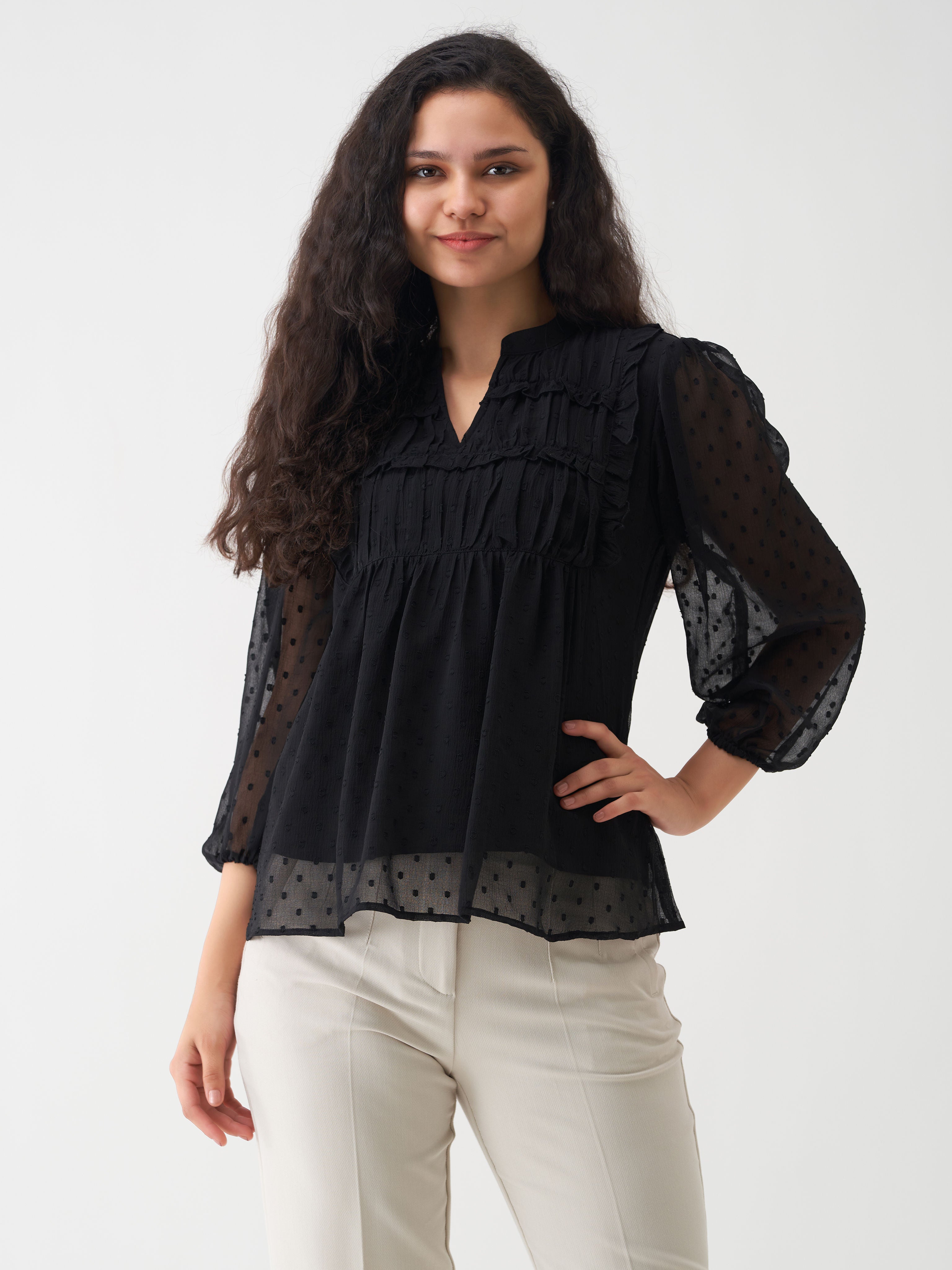 Chic Black Swiss Dot Chiffon Top with Ruffle Sleeves - Elegant & Versatile Top