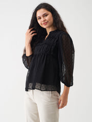 Chic Black Swiss Dot Chiffon Top with Ruffle Sleeves - Elegant & Versatile Top