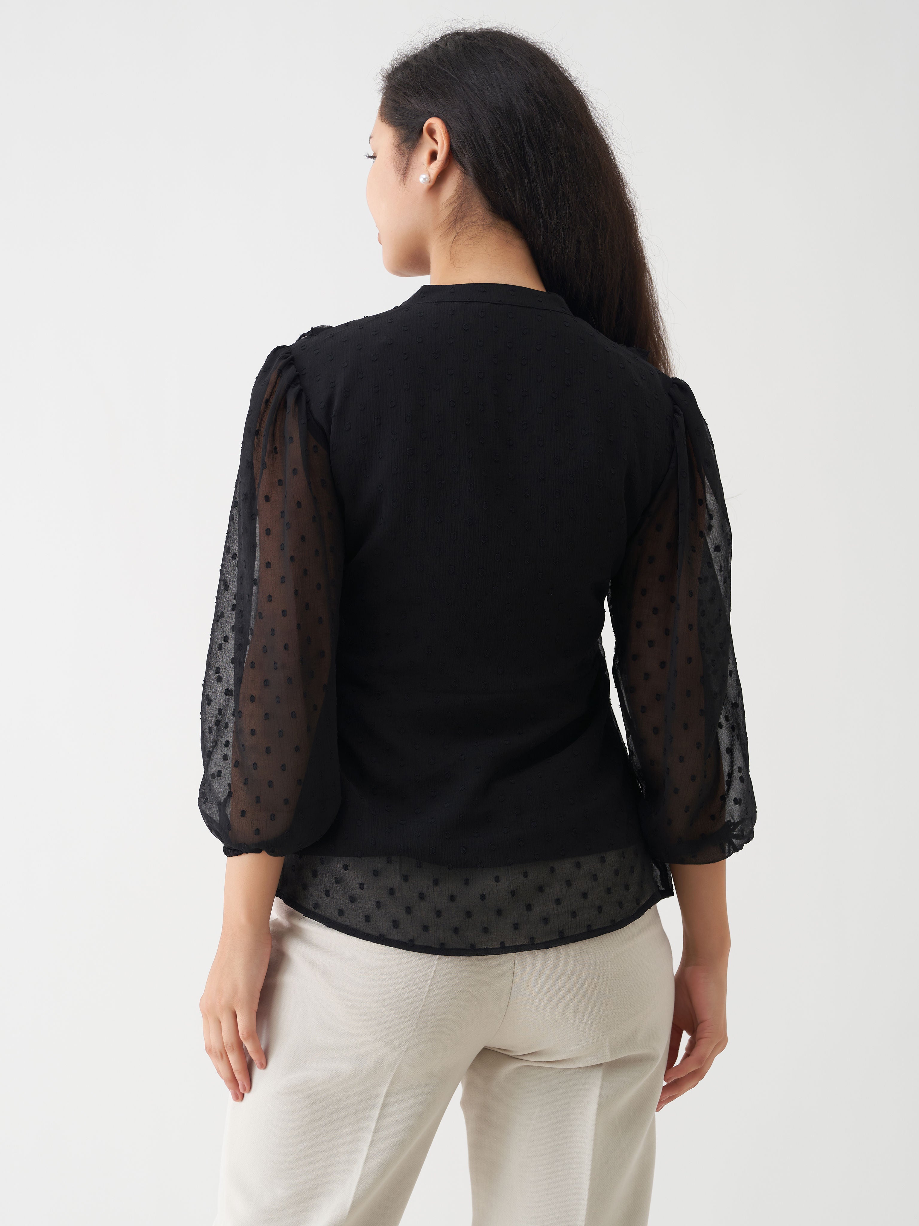 Chic Black Swiss Dot Chiffon Top with Ruffle Sleeves - Elegant & Versatile Top