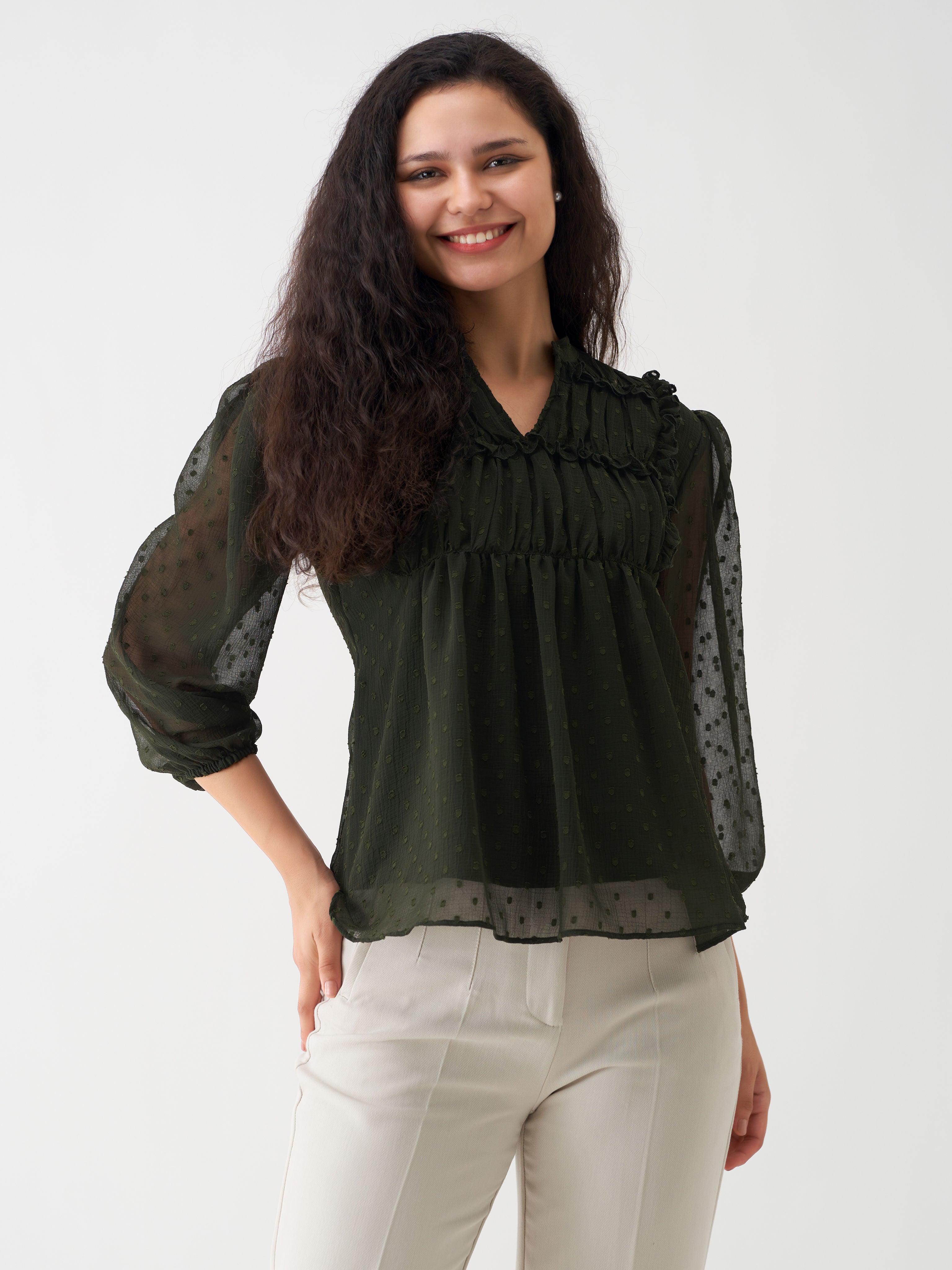 Elegant Black Swiss Dot Chiffon Top with Ruffle Sleeves - Elegant & Versatile Top