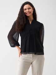 Elegant Black Swiss Dot Chiffon Top with Ruffle Sleeves - Elegant & Versatile Top