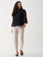 Elegant Black Swiss Dot Chiffon Top with Ruffle Sleeves - Elegant & Versatile Top