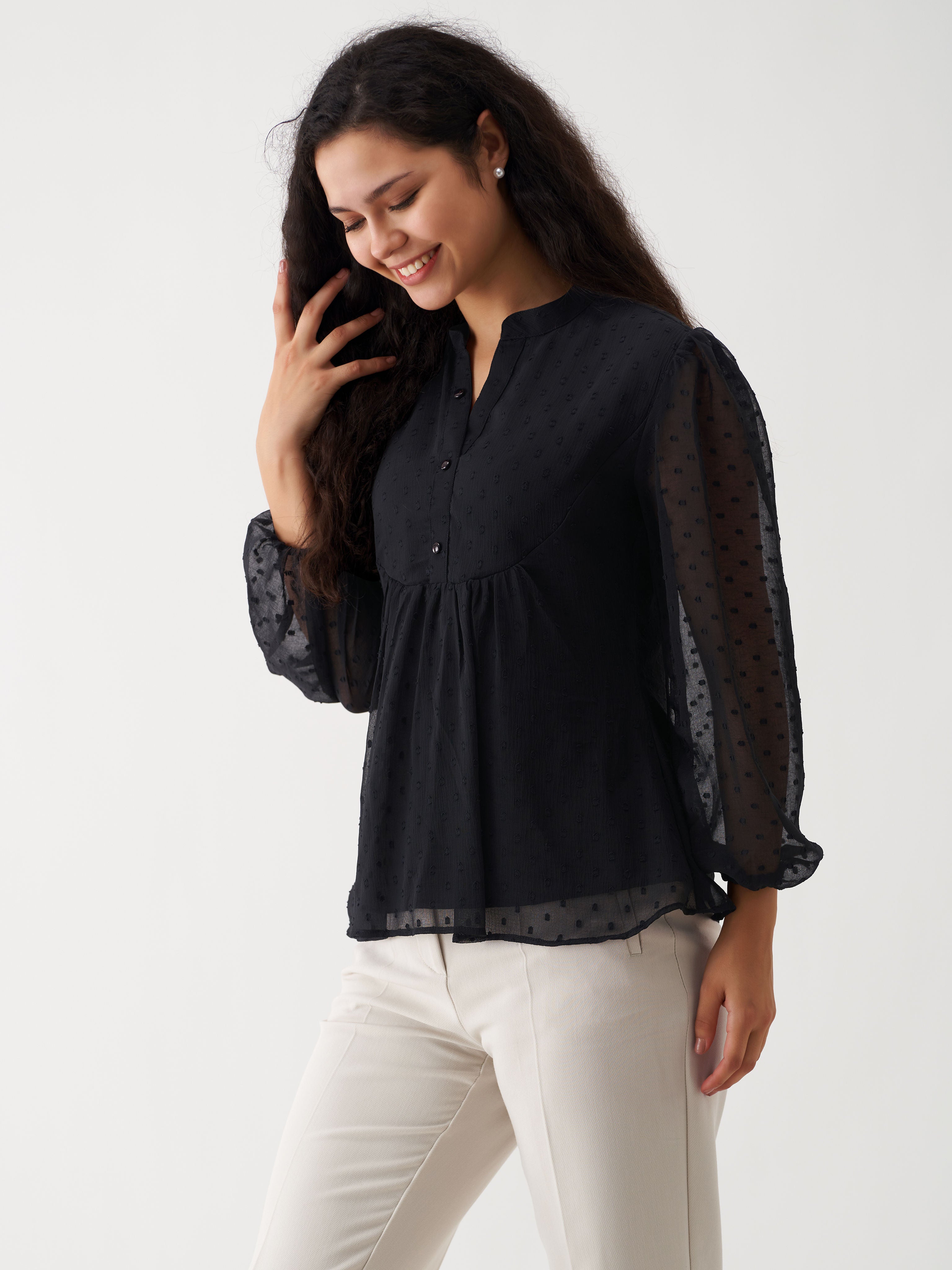 Elegant Black Swiss Dot Chiffon Top with Ruffle Sleeves - Elegant & Versatile Top