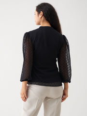 Elegant Black Swiss Dot Chiffon Top with Ruffle Sleeves - Elegant & Versatile Top