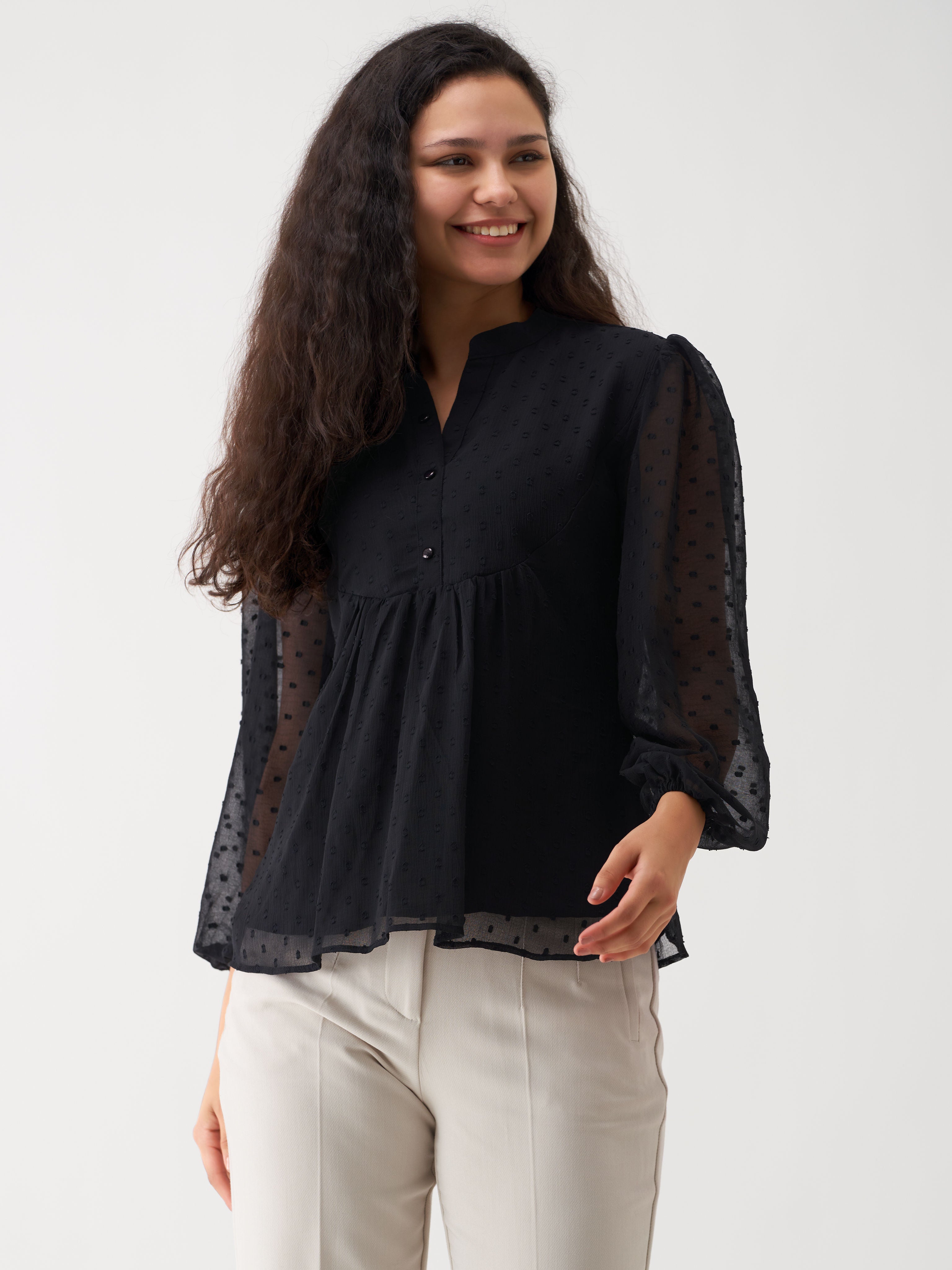 Elegant Black Swiss Dot Chiffon Top with Ruffle Sleeves - Elegant & Versatile Top