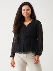 Ravishing Black Swiss Dot Chiffon Top with Ruffle Sleeves - Elegant & Versatile Top