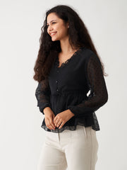 Ravishing Black Swiss Dot Chiffon Top with Ruffle Sleeves - Elegant & Versatile Top