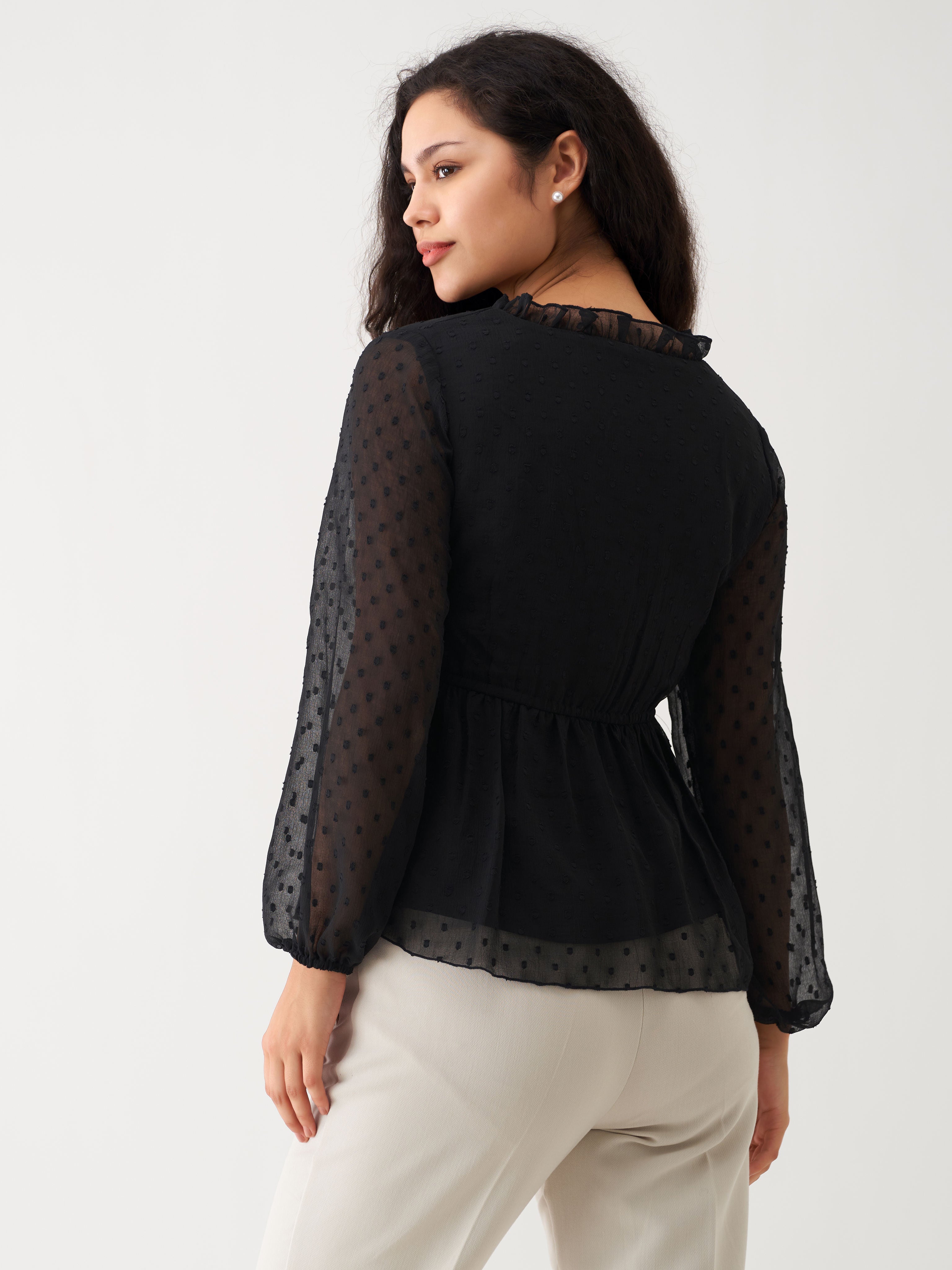 Ravishing Black Swiss Dot Chiffon Top with Ruffle Sleeves - Elegant & Versatile Top