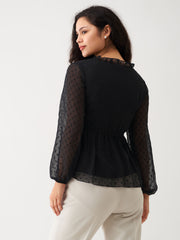 Ravishing Black Swiss Dot Chiffon Top with Ruffle Sleeves - Elegant & Versatile Top