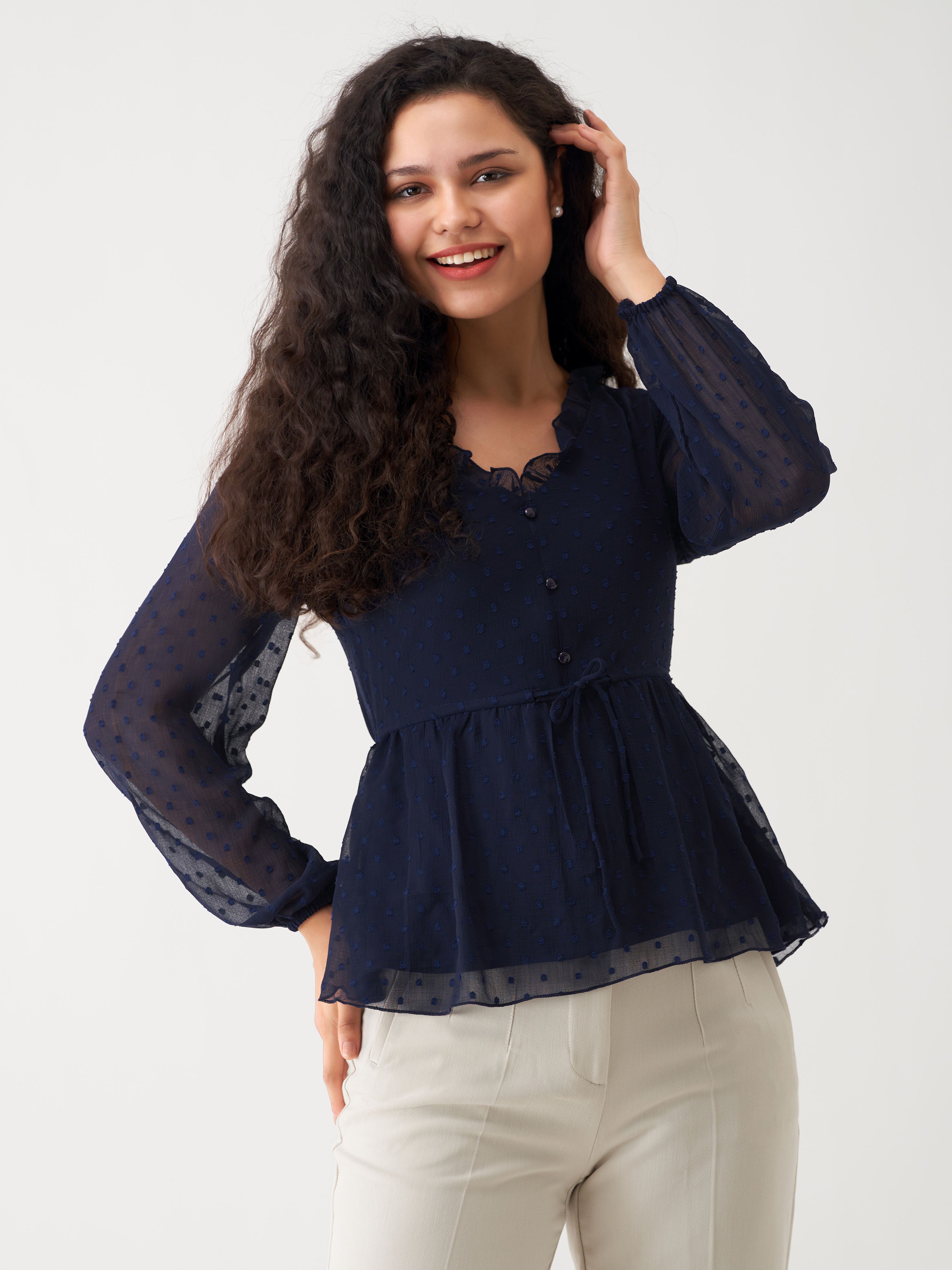 Ravishing Black Swiss Dot Chiffon Top with Ruffle Sleeves - Elegant & Versatile Top