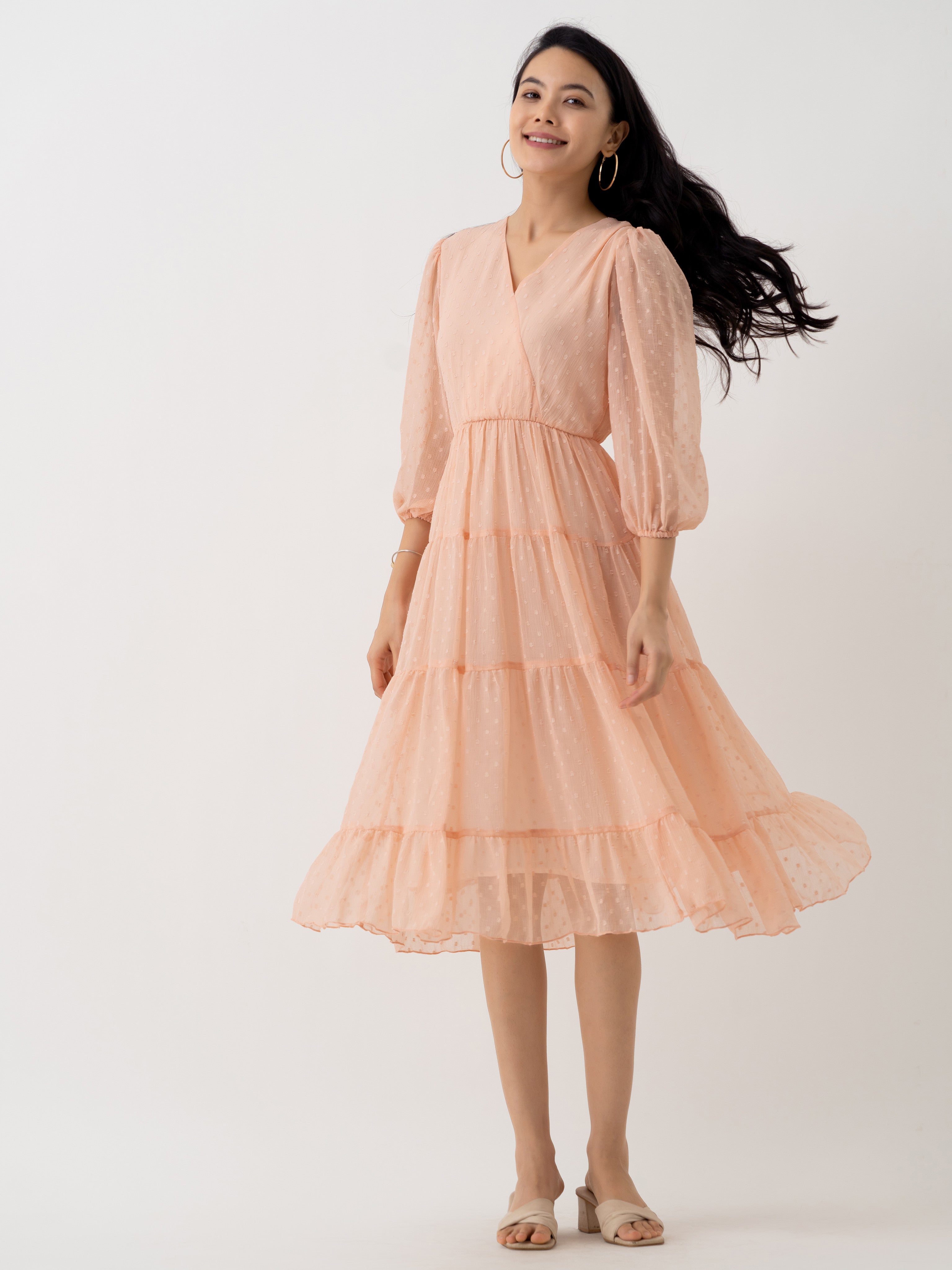 Elegant Orange Chiffon Brasso V Neck Dress with Puff Sleeves - Shop Now