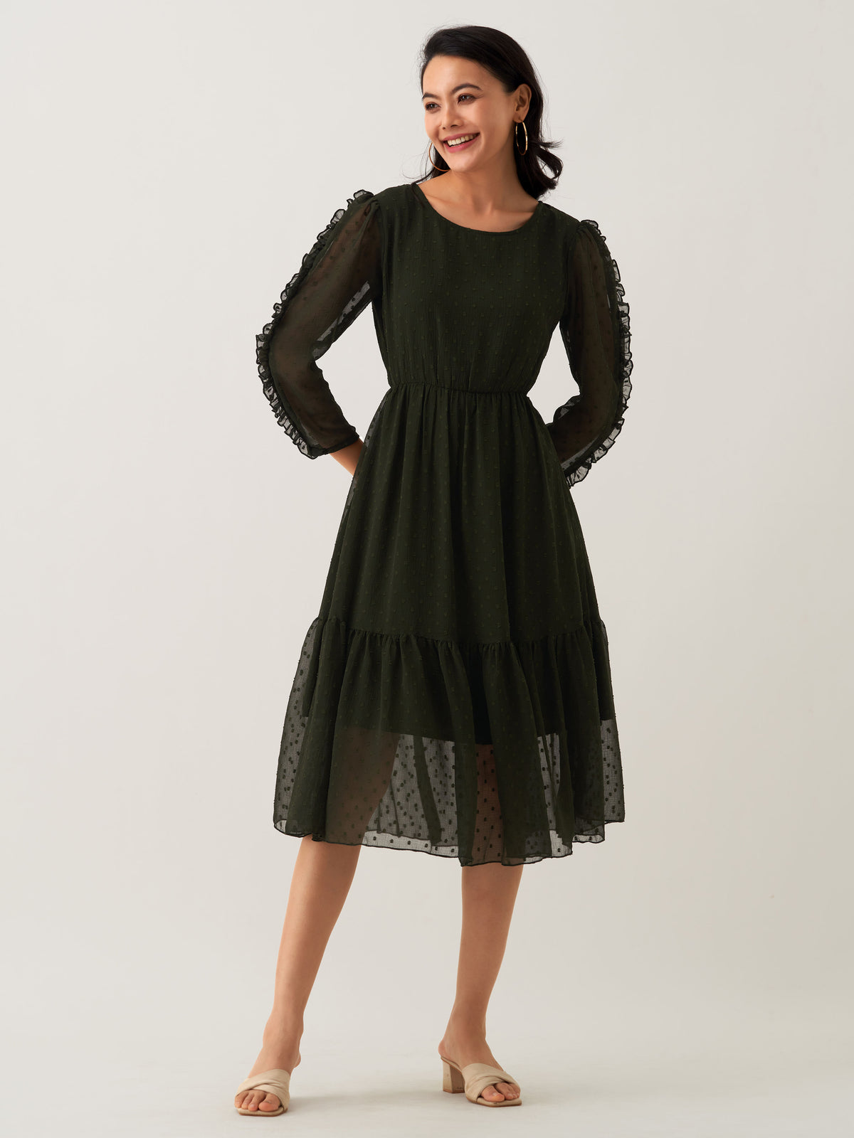 Ravishing Green Chiffon Brasso V Neck Dress with Puff Sleeves - Shop Now