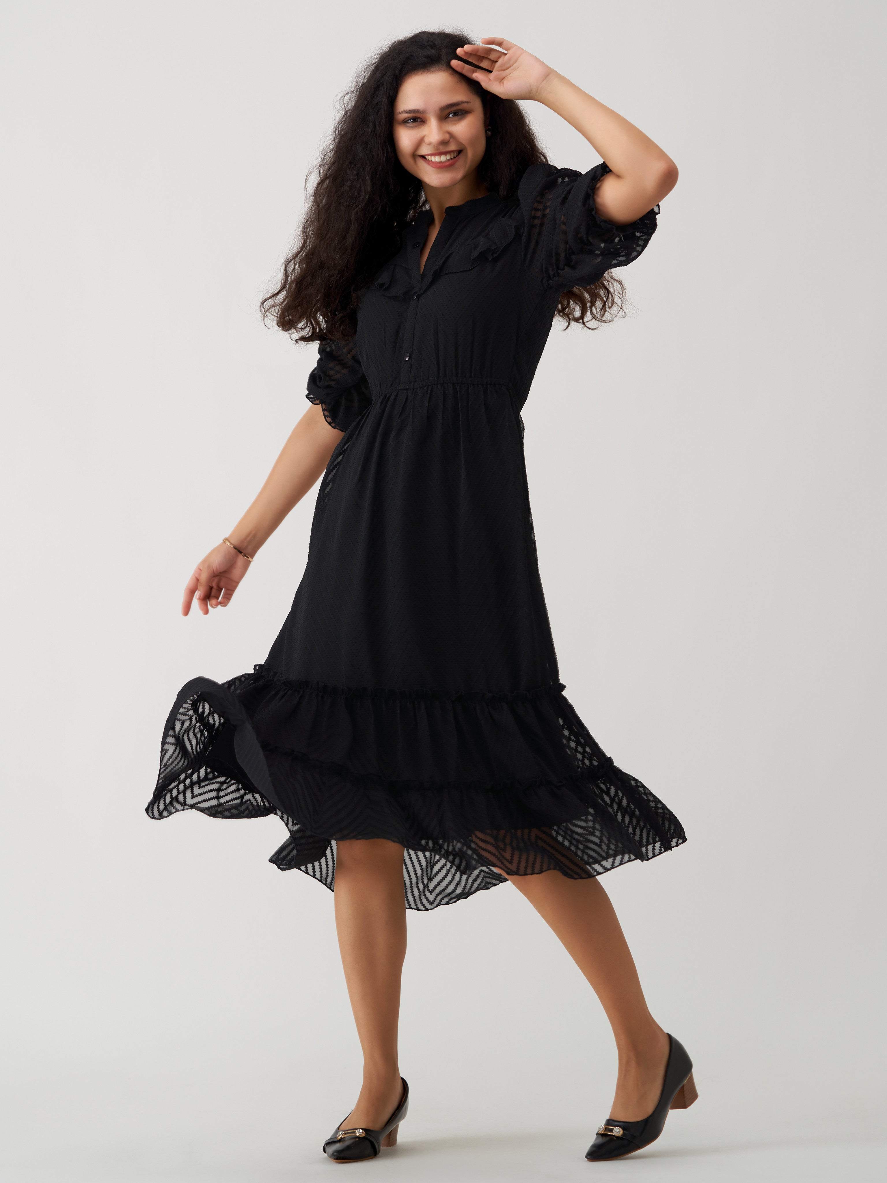 Elegant Black Chiffon Brasso Dress with Balloon Sleeves & High Neck - Solid Style