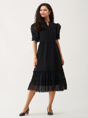 Elegant Black Chiffon Brasso Dress with Balloon Sleeves & High Neck - Solid Style