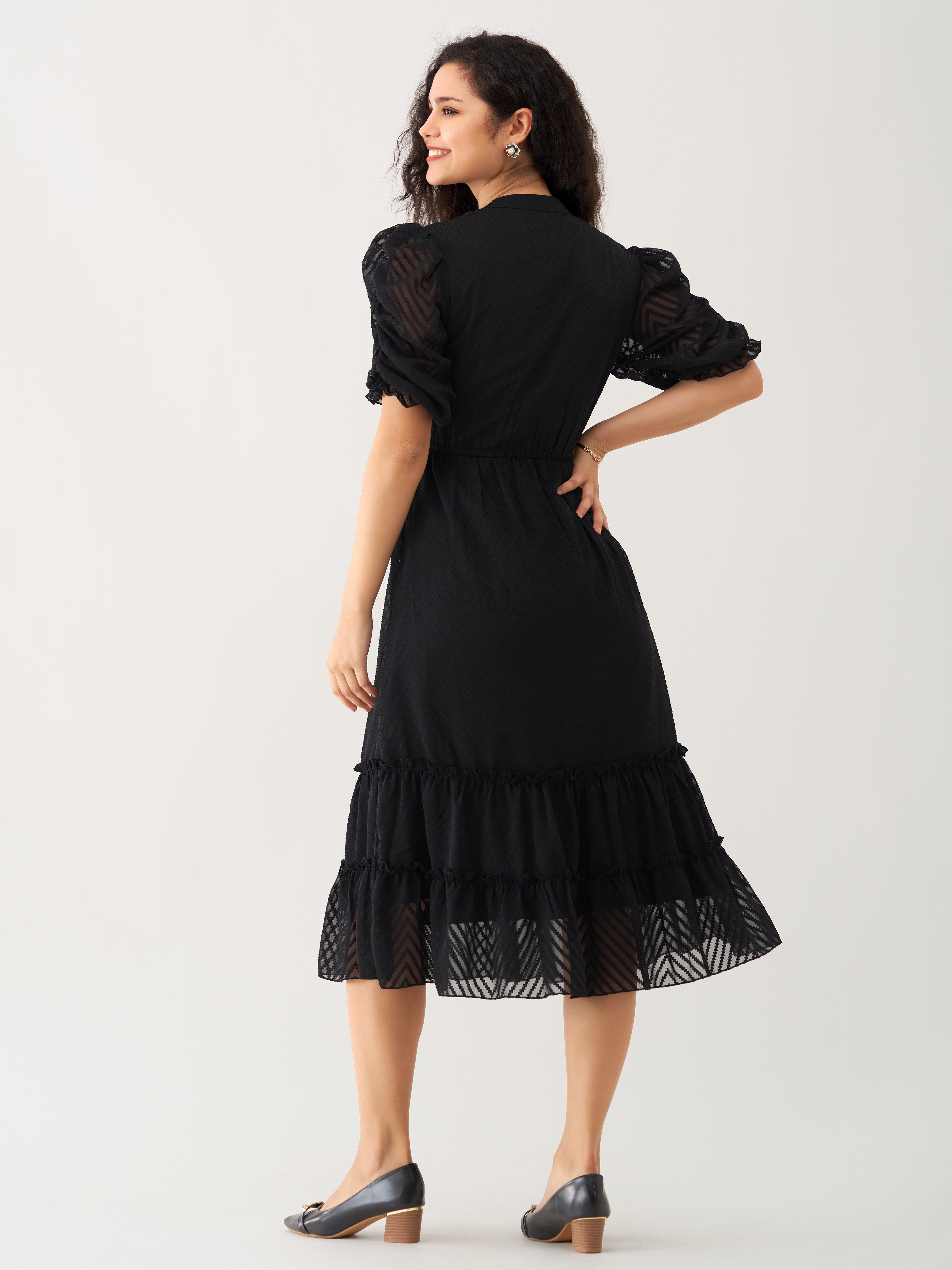 Elegant Black Chiffon Brasso Dress with Balloon Sleeves & High Neck - Solid Style