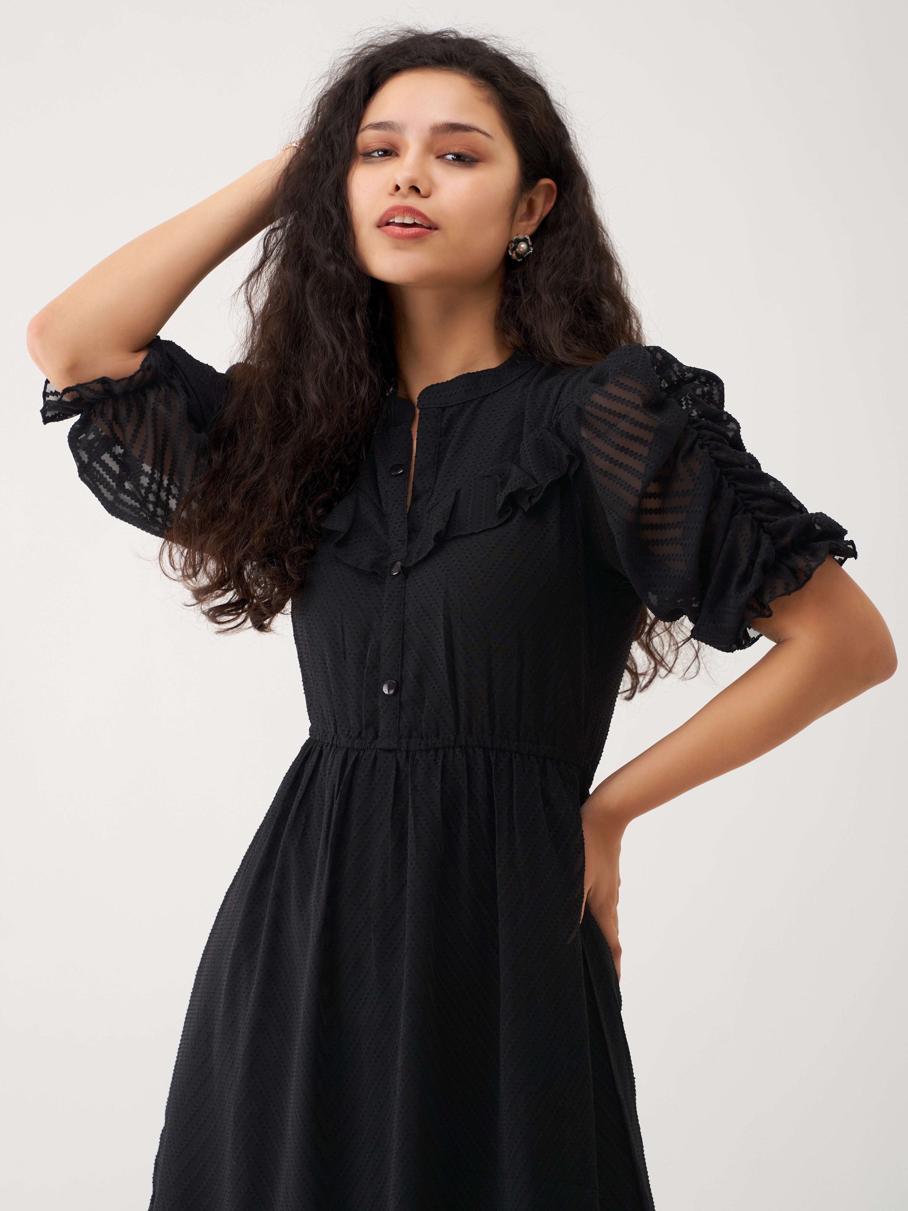 Elegant Black Chiffon Brasso Dress with Balloon Sleeves & High Neck - Solid Style