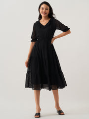 Elegant Black Chiffon Brasso V Neck Dress with Puff Sleeves - Solid Design