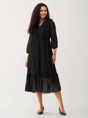 Chic Black Chiffon Brasso Frill V Neck Dress with Puff Sleeves