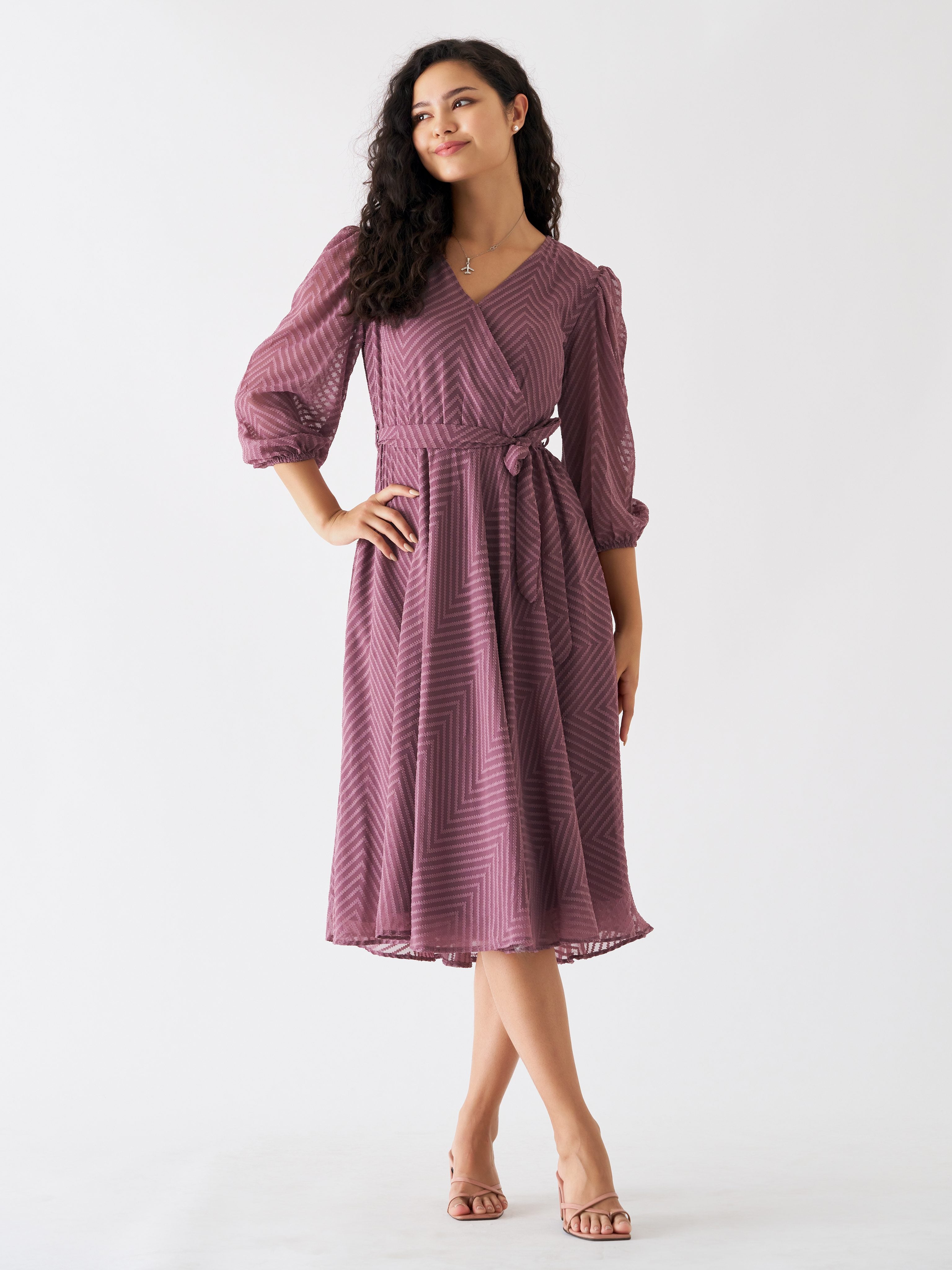 Elegant Grey Chiffon Brasso Dress with Swiss Dot, Puff Sleeves & Tie-Up Belt