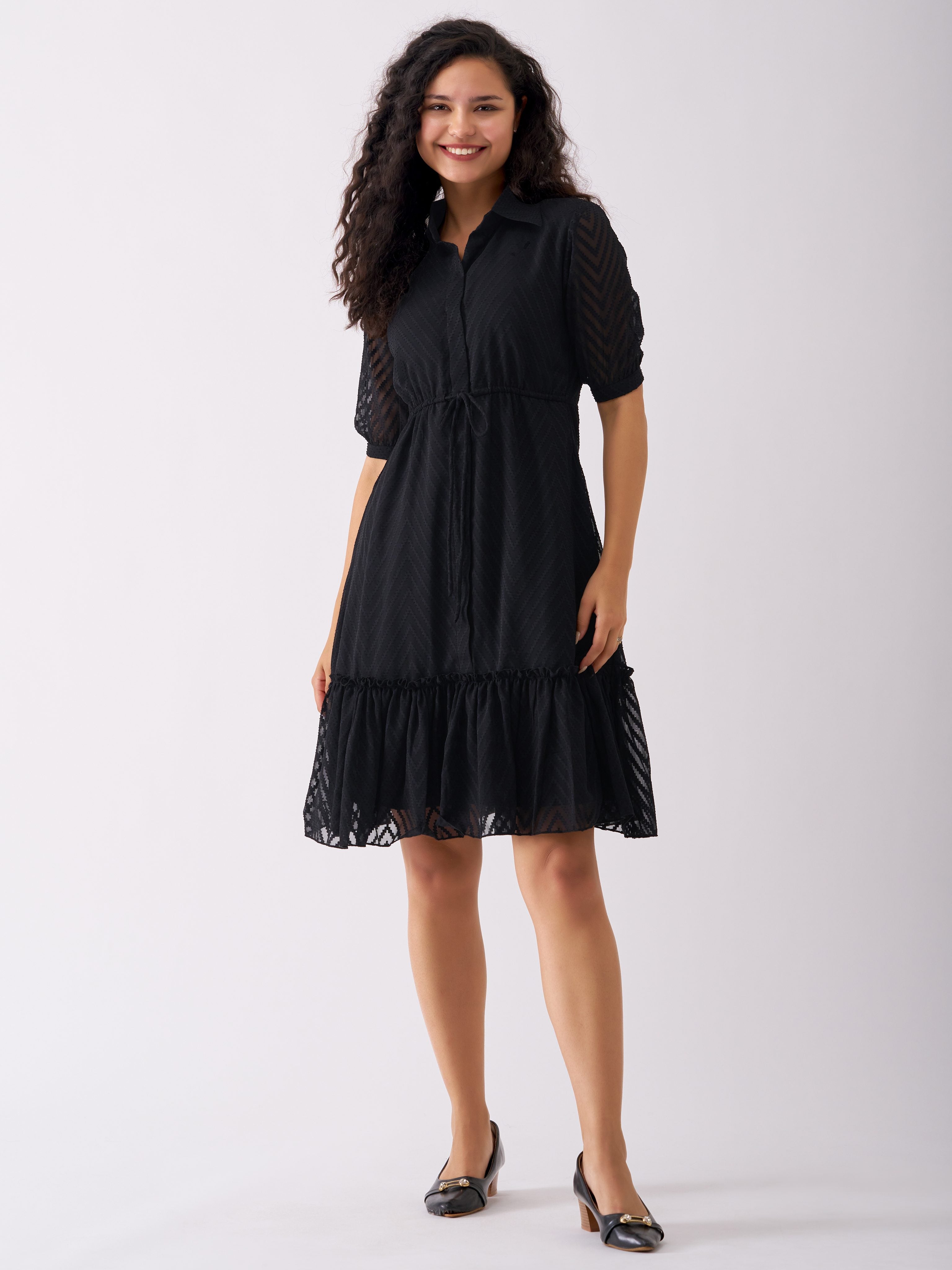 Elegant Black Chiffon Brasso Dress with Puff Sleeves & Point Collar - Shop Now