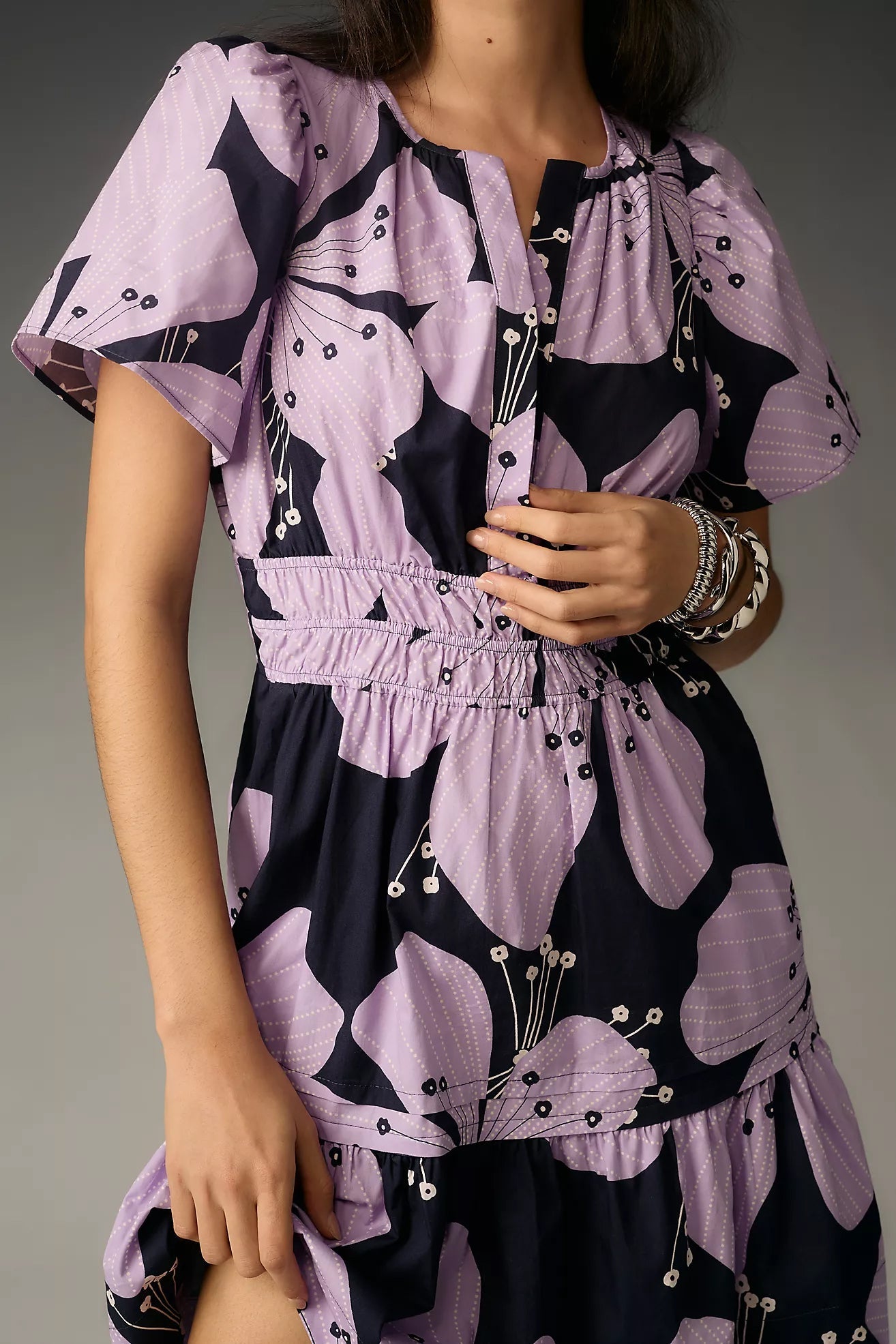 Stylish Purple A-line Polyester Dress with Print & Short Sleeves - Round Neck