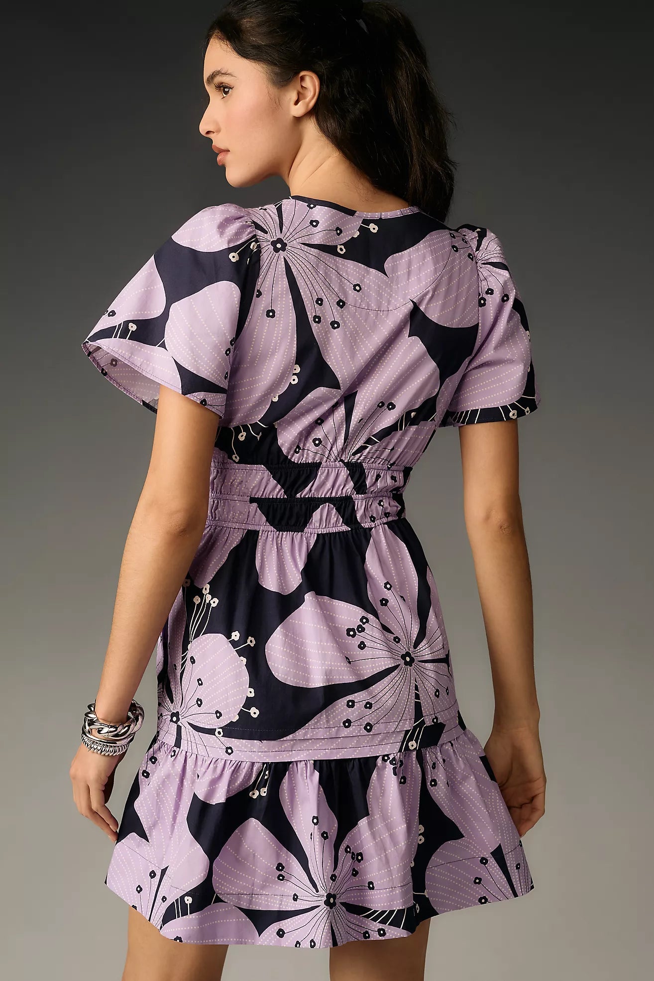 Stylish Purple A-line Polyester Dress with Print & Short Sleeves - Round Neck