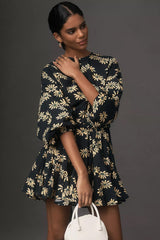 Stylish Black Printed Balloon Sleeve Dress - Polyester Round Neck Design