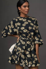 Stylish Black Printed Balloon Sleeve Dress - Polyester Round Neck Design